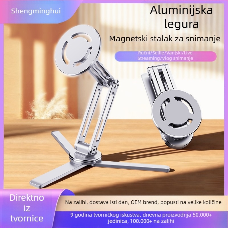 Držač za telefon od aluminijske legure za snimanje, ručni stalak za live streaming s tripodom, magnetski stolni držač za selfie video