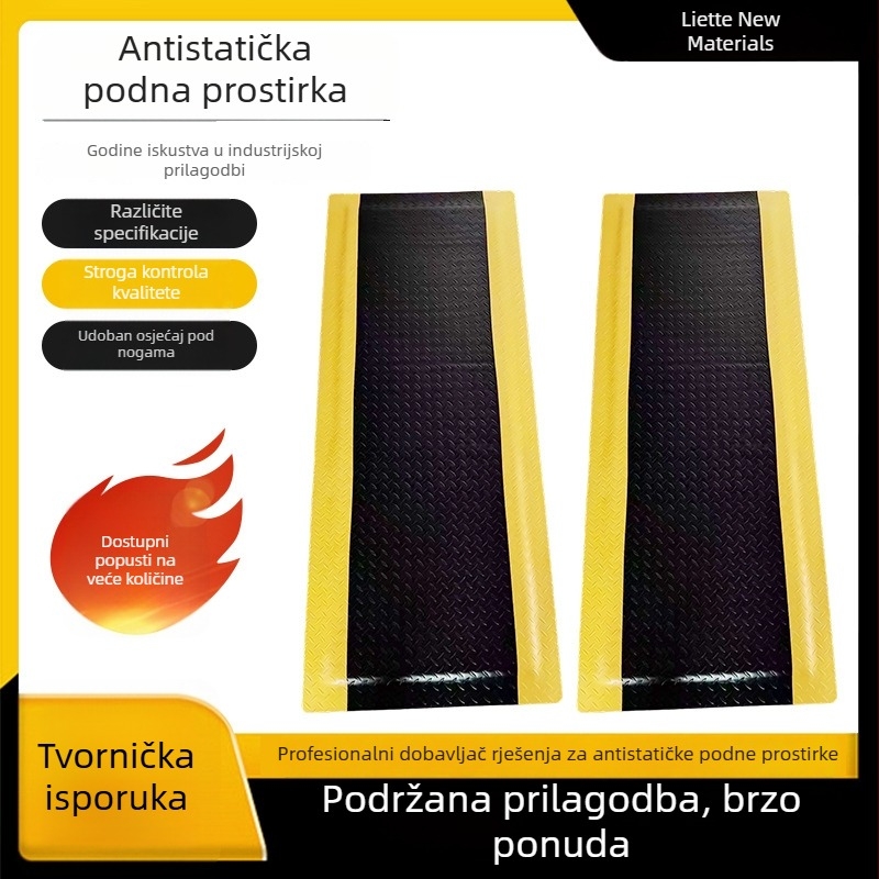 Antistatična podloga za pod s crnom osnovom i žutom sigurnosnom rubom, visoka elastičnost, protiv umora, za tvornice, debela, u više veličina