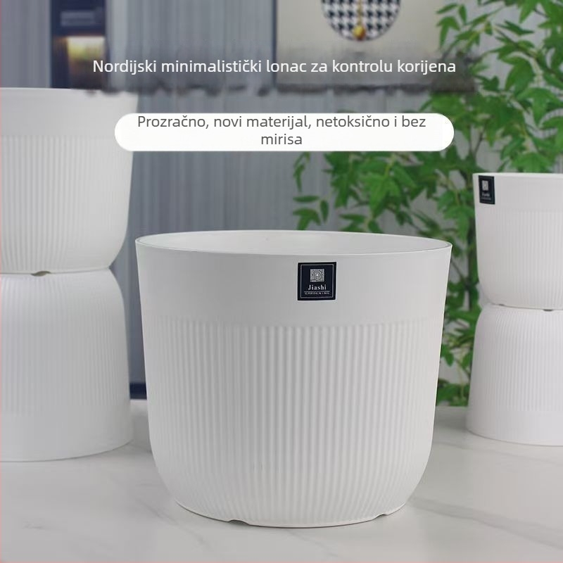 Bijeli plastični lonac za cvijeće, debeli, nordijskog minimalističkog stila, s kružnim otvorom i vertikalnim prugama, za biljku ptice raja, pogodan za dnevni boravak i balkon