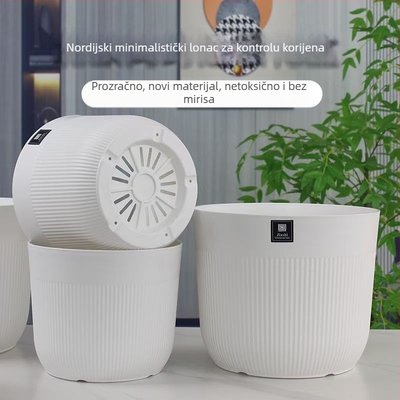 Bijeli plastični lonac za cvijeće, debeli, nordijskog minimalističkog stila, s kružnim otvorom i vertikalnim prugama, za biljku ptice raja, pogodan za dnevni boravak i balkon