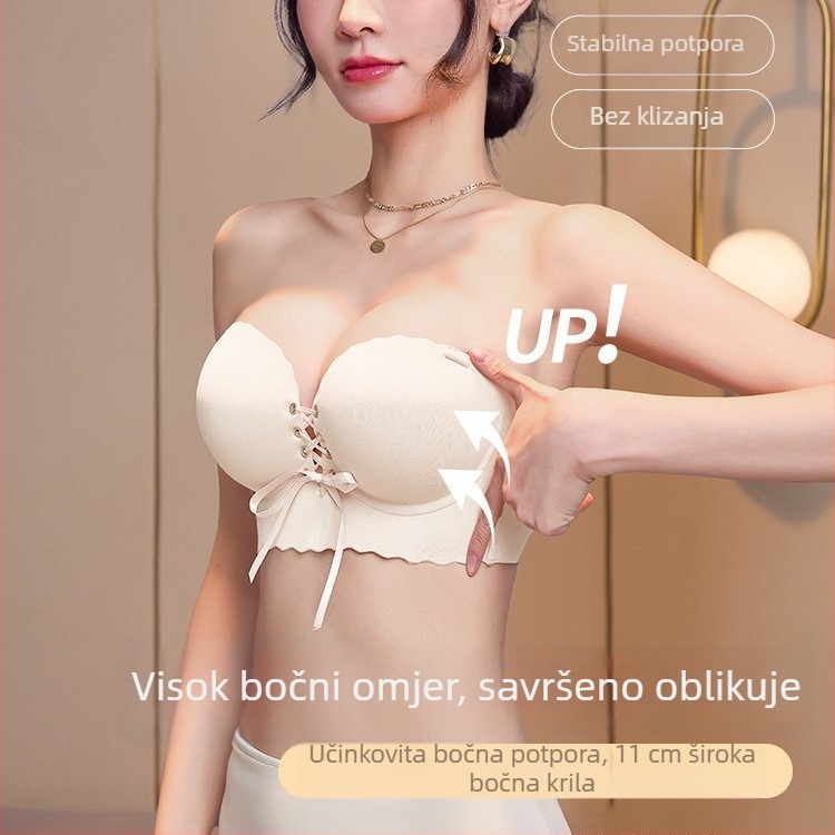 Grudnjak bez naramenica s protukliznim dizajnom, bez žice, za male grudi, push-up, besprijekoran, odvojive naramenice