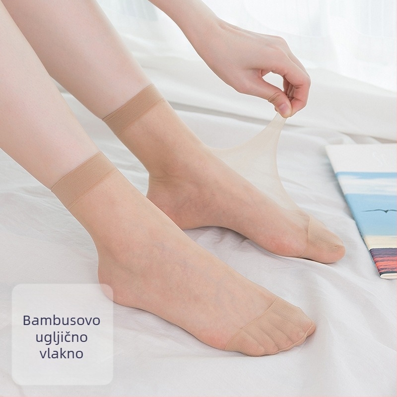 Lin Ge ženske kratke čarape za ljeto, tanke core-spun s vlaknom od svile, prozirne nude-crne kristalne čarape