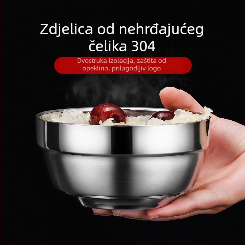 304 nehrđajući čelik zdjela za rezance i rižu, okrugla, dvostruka, s platinskim premazom, dječja/kućna zdjela, promjeri 11-19 cm