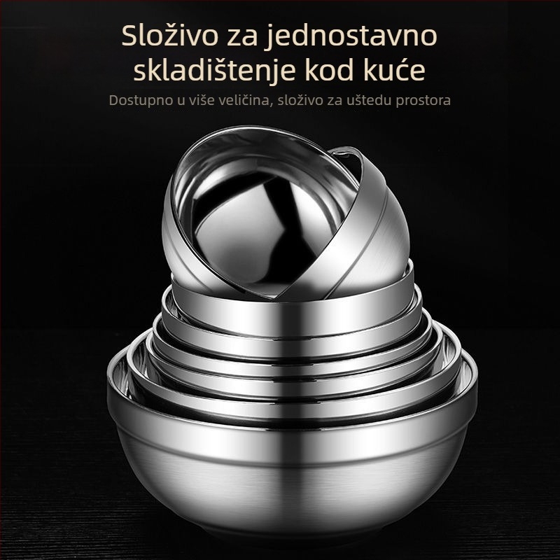 304 nehrđajući čelik zdjela za rezance i rižu, okrugla, dvostruka, s platinskim premazom, dječja/kućna zdjela, promjeri 11-19 cm