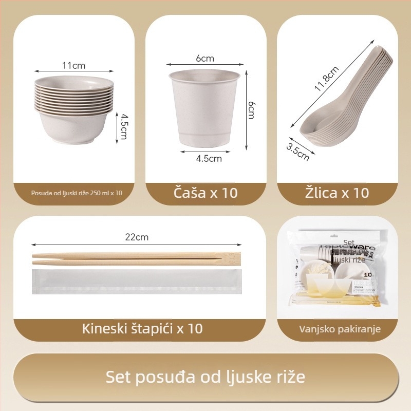 Set jednoraznog posuđa za vanjsku upotrebu od vlakana rižine ljuske – tanjuri i zdjele