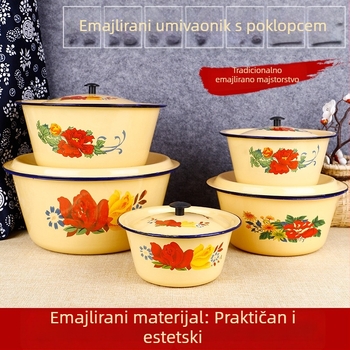 Emajlirani set posuđa: zdjela za tortu s poklopcem, posuda za loj i posuda za mijesanje, žuta, okrugla promjera 14 cm