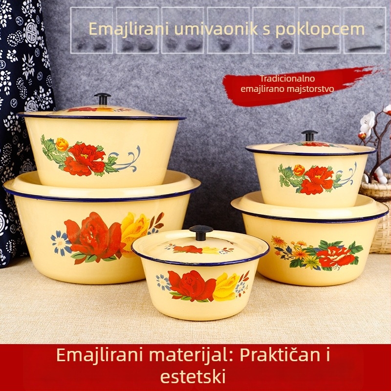 Emajlirani set posuđa: zdjela za tortu s poklopcem, posuda za loj i posuda za mijesanje, žuta, okrugla promjera 14 cm