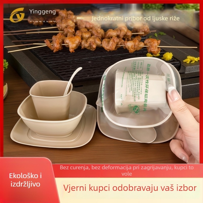 Jednokratno posuđe od ljuske riže, četverodjelni set, pojedinačno pakiran, kvadratnog oblika čaše, zdjele, tanjuri i žlice, za bankete i restorane