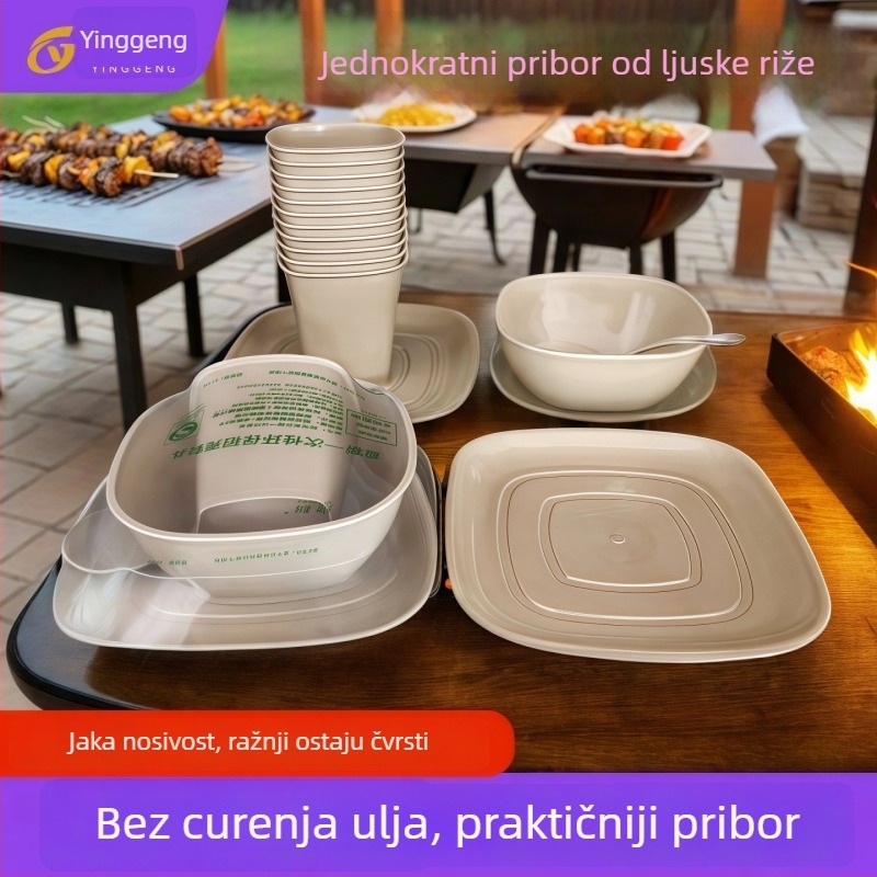 Jednokratno posuđe od ljuske riže, četverodjelni set, pojedinačno pakiran, kvadratnog oblika čaše, zdjele, tanjuri i žlice, za bankete i restorane