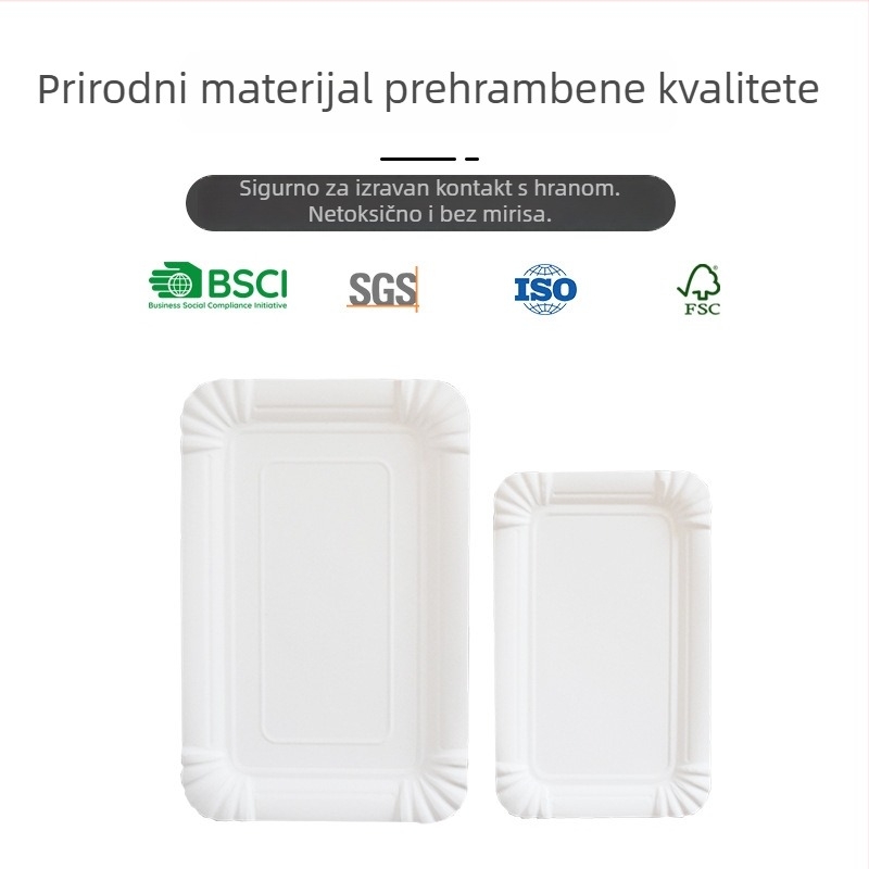 Jednokratni pravokutni papirnati tanjur, prehrambene kvalitete, biološki razgradljiv, dimenzije 10×16 cm ili 13×20 cm, 230-300 GSM, pogodan za piknik i kućnu upotrebu