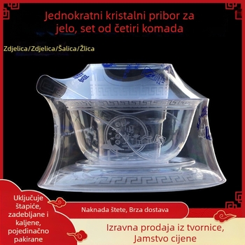 Jednokratni kristalni set posuđa za stol, četverodijelni komplet: prozirne debeli plastični čaše, tanjuri i žlice, ekološki prihvatljivo