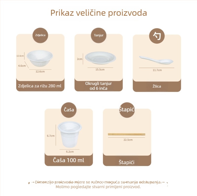 Biodegradabilan jednokratni skup posuđa od bambusa: zdjele, tanjuri, žlice, čaše i štapići za 10 osoba