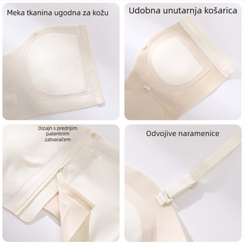 Sutien bez naramenica, tanak i bešivan, s prednjim kopčom i zipom, podiže i skuplja bočne grudi