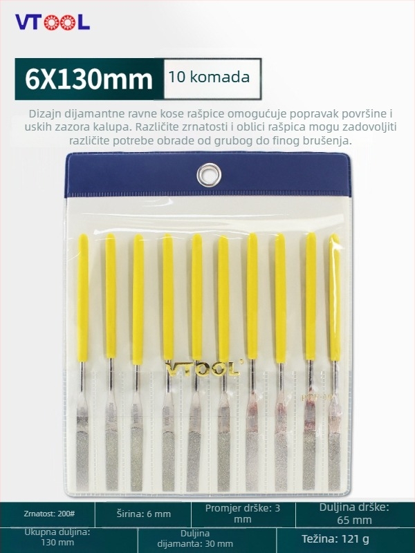 VTOOL set malih pilnika od dijamantnog legura, razni oblici, fino brušenje, mali plosni nagnuti pilnik PTF-10