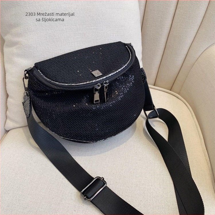 Ženska crossbody torbica s dvostrukim zatvaračima, mreža sa šljokicama, sedlasta torbica, široka naramenica, korejski stil