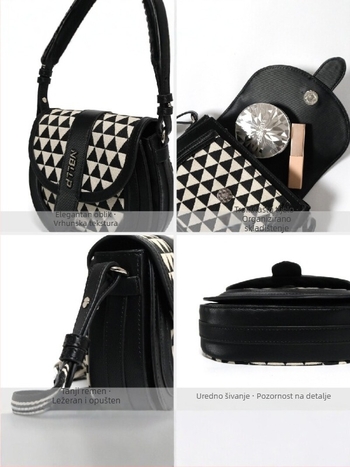 Ženska crno-bijela geometrijska sedlasta torba, svestrana crossbody torba, boutique dizajn, Instagram stil