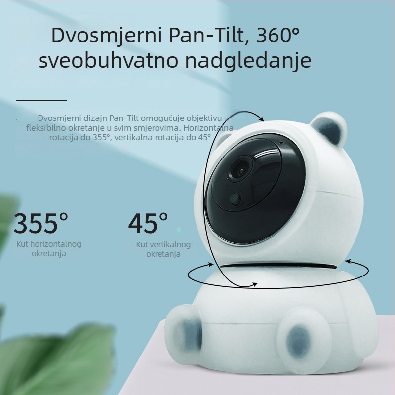 Pametna kućna sigurnosna kamera s pan-tilt funkcijom, daljinsko upravljanje putem mobilnog, 360° panoramski pogled, bežični Wi‑Fi unutarnje praćenje kućnih ljubimaca