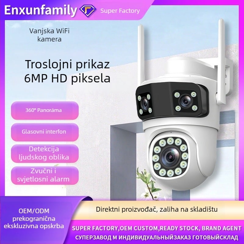 Vanjska bežična kamera za nadzor s tri objektiva, Wi‑Fi, HD noćni prikaz, puna boja