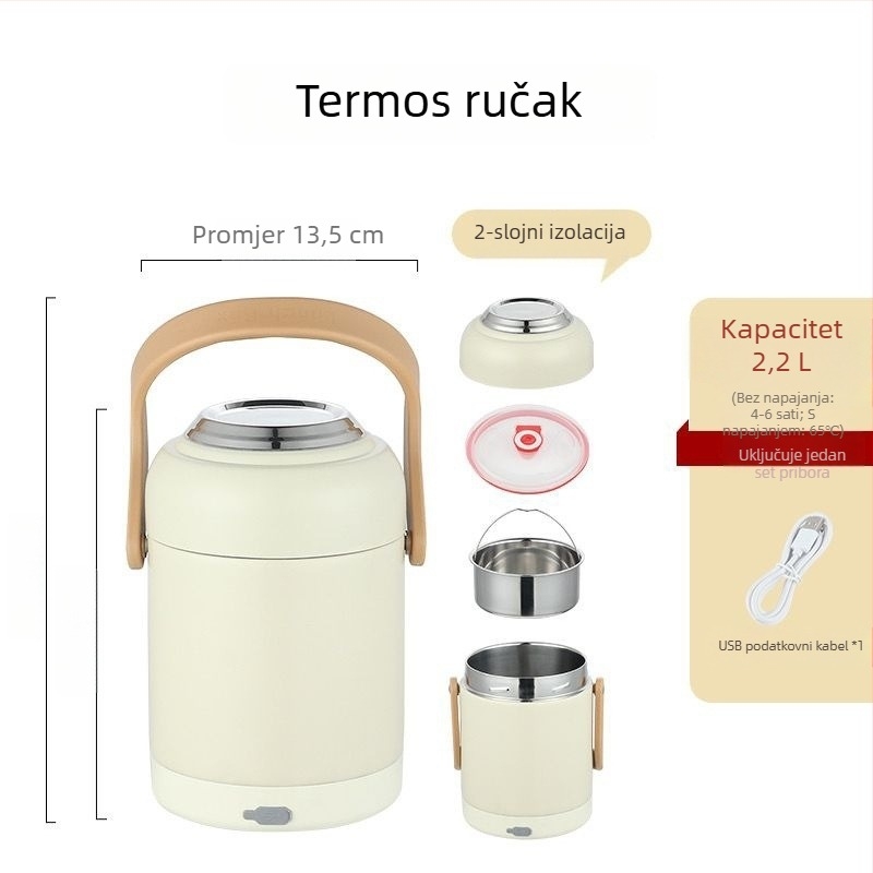 Izolirana kutija za ručak od 304 nehrđajućeg čelika, USB napajanje za automobil, prenosiva, velik kapacitet, održava konstantnu temperaturu