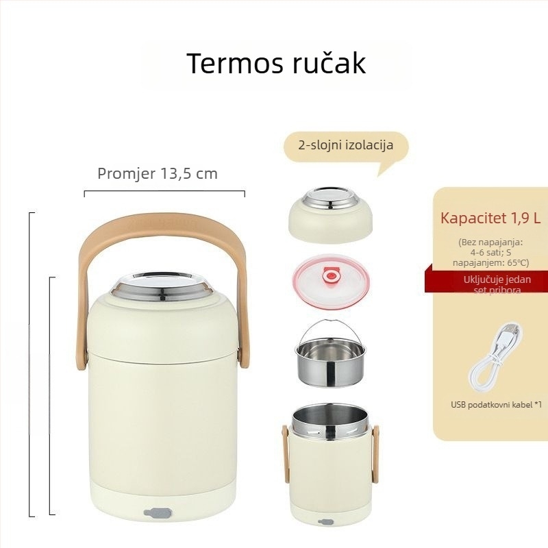 Izolirana kutija za ručak od 304 nehrđajućeg čelika, USB napajanje za automobil, prenosiva, velik kapacitet, održava konstantnu temperaturu