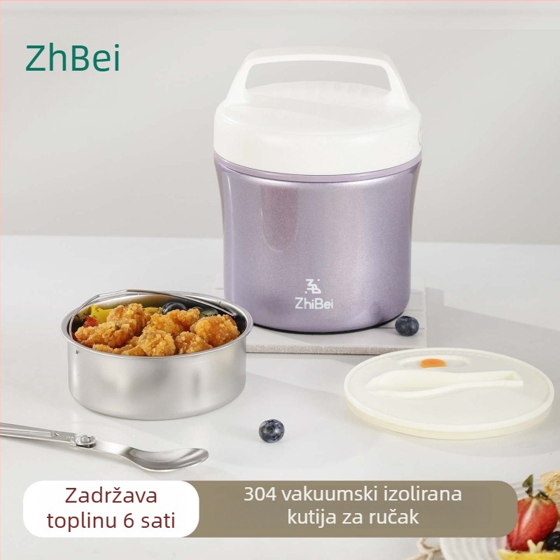 Izolirana kutija za obrok od nehrđajućeg čelika s plastičnim poklopcem, cilindrična Bento kutija za ured, kapacitet 1–2 l