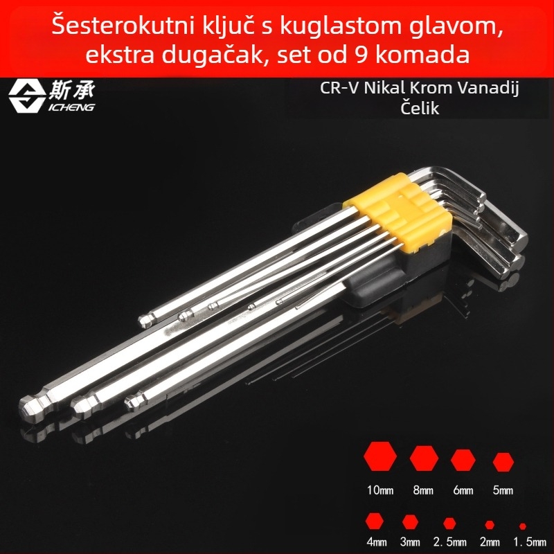 Set od 9 komada L-oblik Plum Blossom i šesterokutni ključ, produženi set, s niklanim/kromiranim/bakrenim premazom