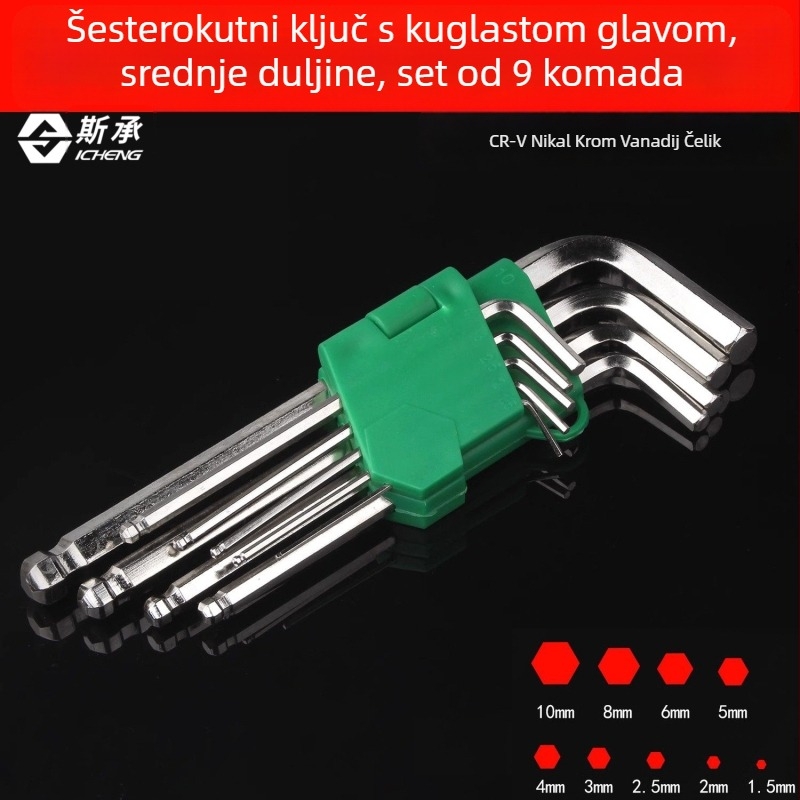 Set od 9 komada L-oblik Plum Blossom i šesterokutni ključ, produženi set, s niklanim/kromiranim/bakrenim premazom