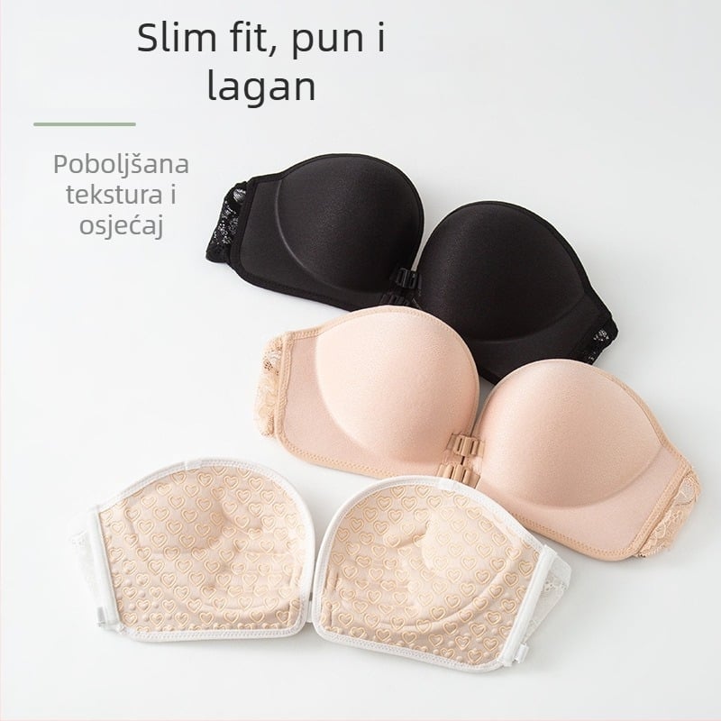 Nevidljiva grudnjaka bez naramenica s 3D oblikovanim košaricama, protuklizna čipkasta stražnja stran, bandeau s prednjim zatvaračem za žene
