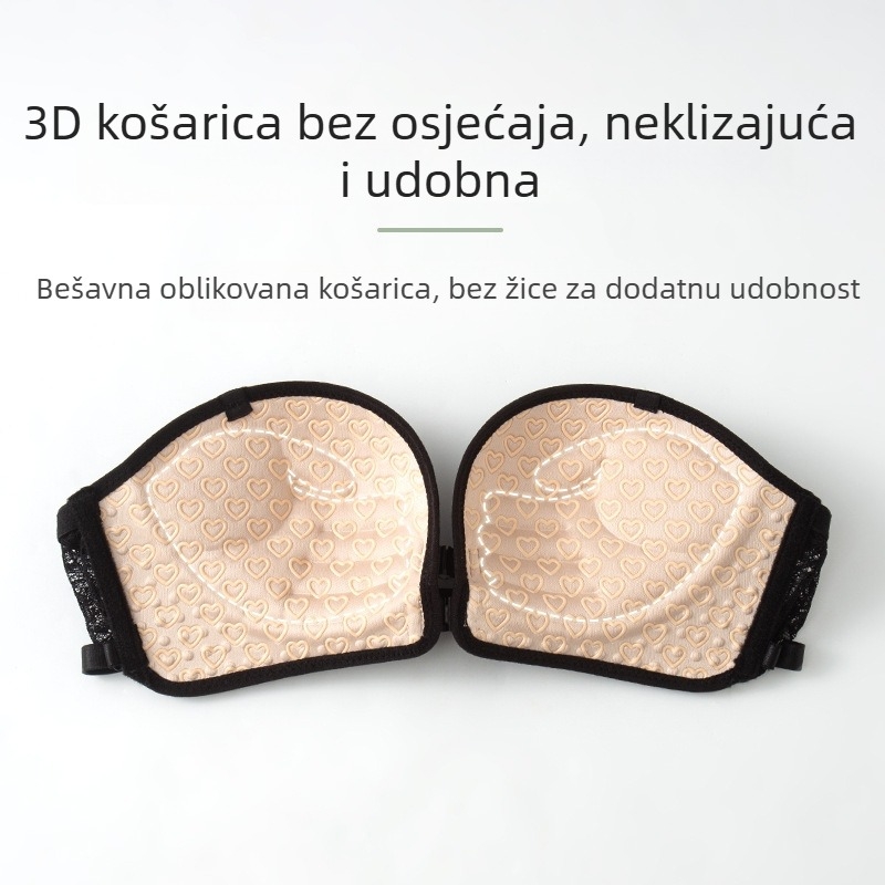 Nevidljiva grudnjaka bez naramenica s 3D oblikovanim košaricama, protuklizna čipkasta stražnja stran, bandeau s prednjim zatvaračem za žene