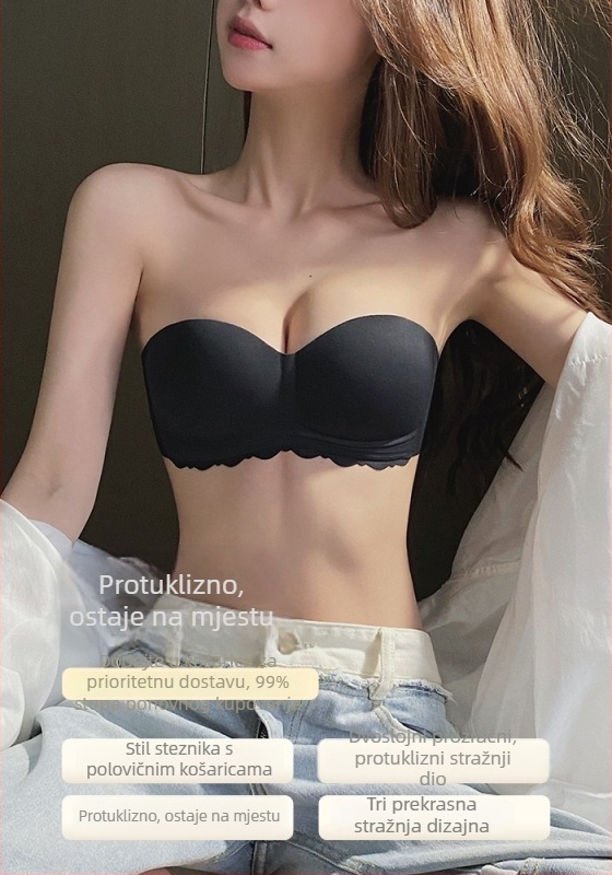 Pamukasti grudnjak bez naramenica s protukliznom podrškom, bez žice, za male grudi, push-up, 3/4 košarice