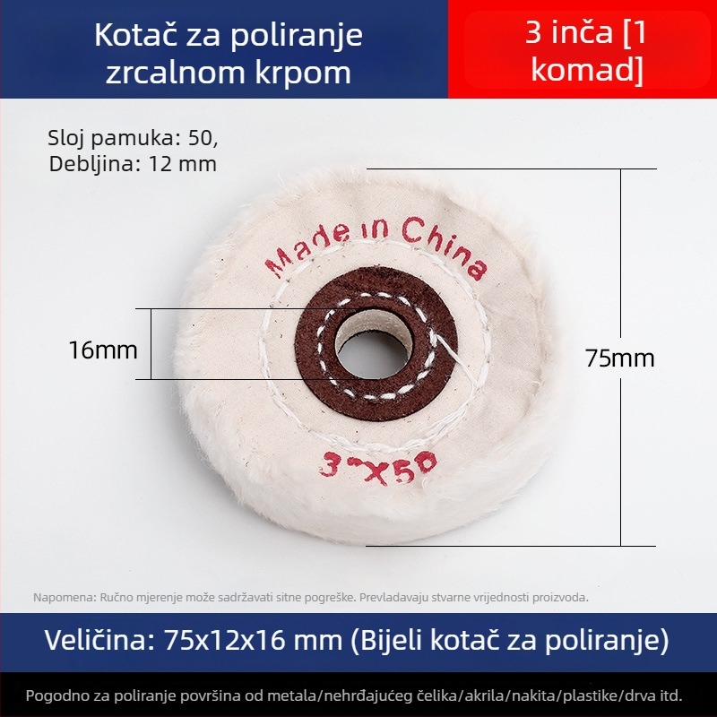 Debljasti zrcalno-polirajući bijeli platneni kotačić za nefrit, metal, nehrđajući čelik i akril; glava za poliranje od pamuka i vune