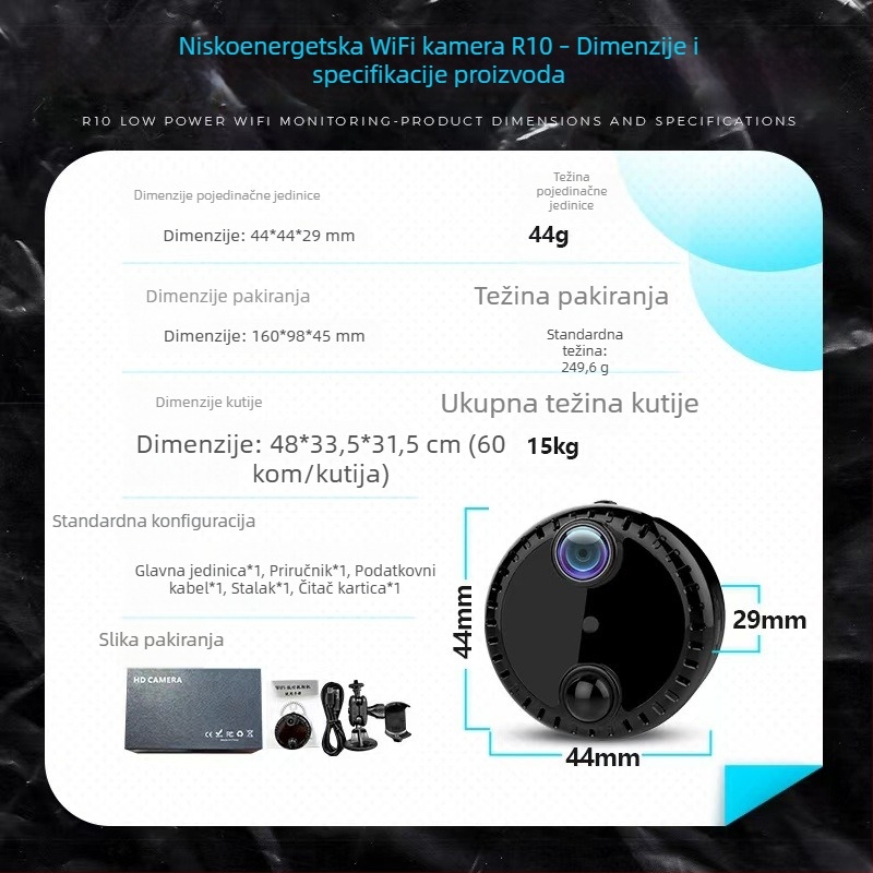 R10 Bežična WiFi kamera s 4K noćnim vidom, daljinski nadzor putem mobitela za unutarnju upotrebu