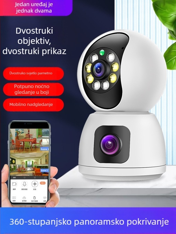 Dvostruka leća kamera za nadzor, 360° unutarnja Wi-Fi kamera za daljinsko praćenje putem pametnog telefona