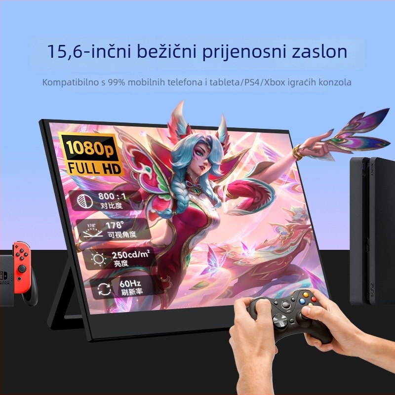 Prijenosni bežični monitor od 15,6 inča s IPS panelom, 1080p, 16:9, USB/HDMI priključci, težina 0,73 kg