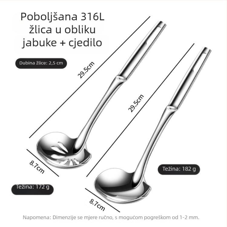 316 nehrđajući čelik, duboka juhača s dugom drškom, debela duboka šupljina, cediljna žlica