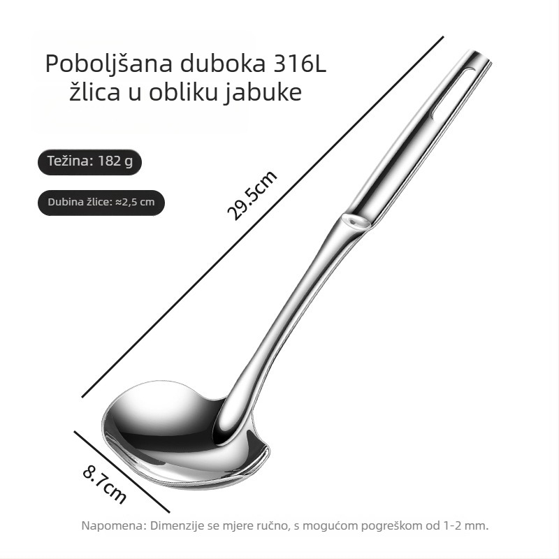 316 nehrđajući čelik, duboka juhača s dugom drškom, debela duboka šupljina, cediljna žlica