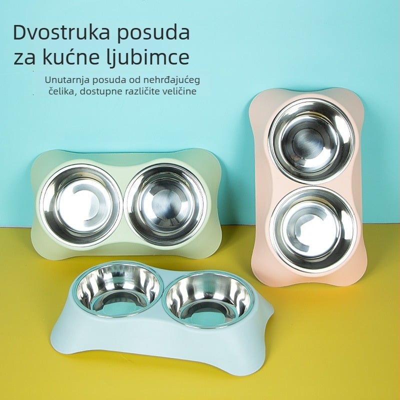 Integrirani set zdjela za psa i mačku s posudom za piće i hranu, od nehrđajućeg čelika na stabilnoj protukliznoj podlozi