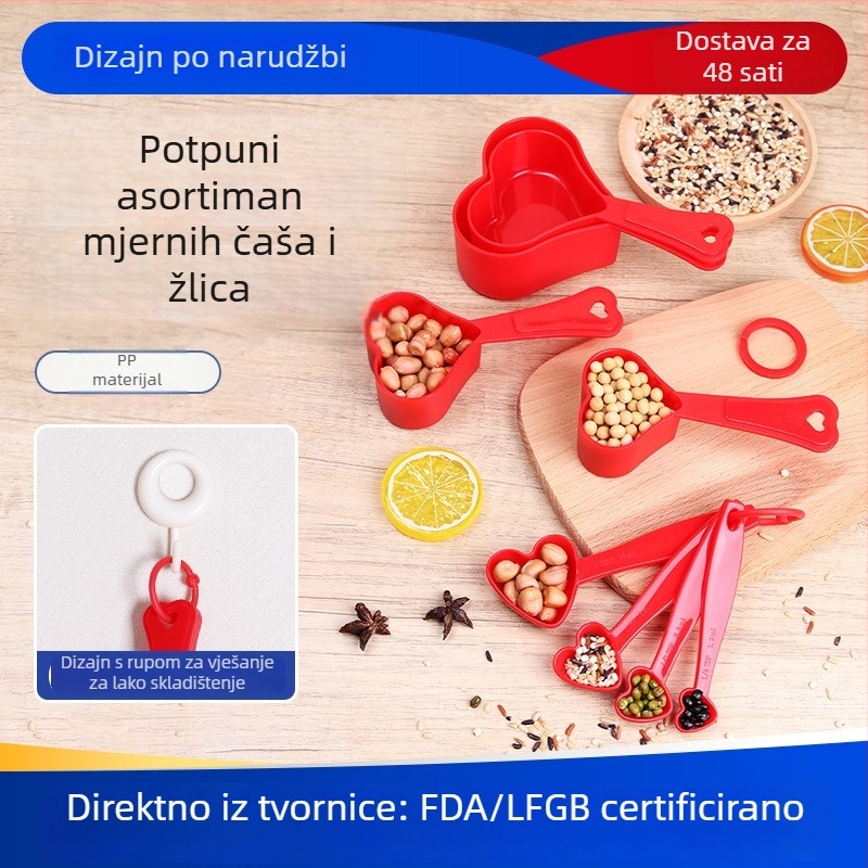 Plastični set mjernih čaša i žlica u obliku srca – osam dijelova, kuhinjski alati za pečenje