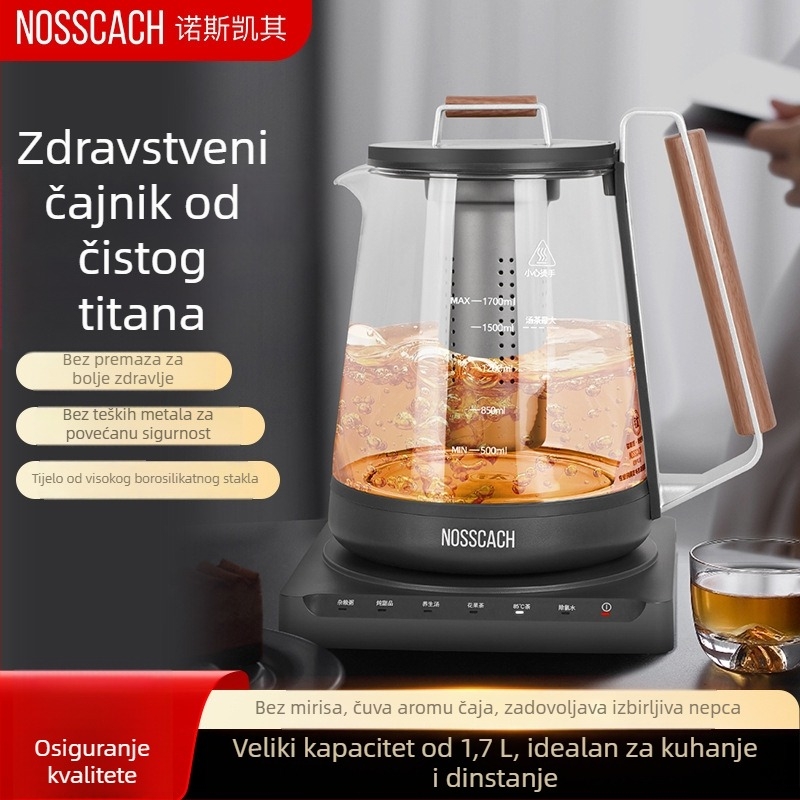 NOSSCACH Ns-t17y Električni čajnik za zdravlje s višestrukim funkcijama i konstantnom temperaturom, kuhanje i dechloriranje, tijelo od borosilikatnog stakla, kapacitet 1,5–2 L, automatsko isključivanje