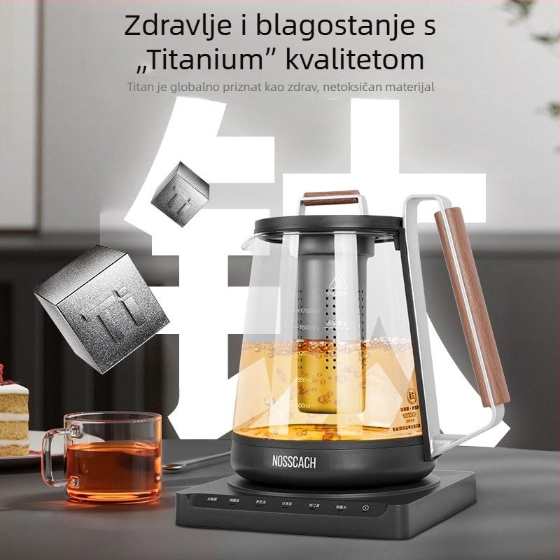 NOSSCACH Ns-t17y Električni čajnik za zdravlje s višestrukim funkcijama i konstantnom temperaturom, kuhanje i dechloriranje, tijelo od borosilikatnog stakla, kapacitet 1,5–2 L, automatsko isključivanje