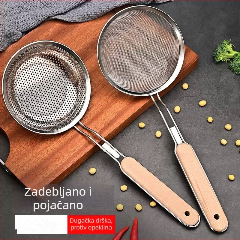 16# Nehrđajući čelik s drvenom drškom, mrežasta kuhinjska žlica za cijeđenje – za dumplings, tjesteninu i prženje