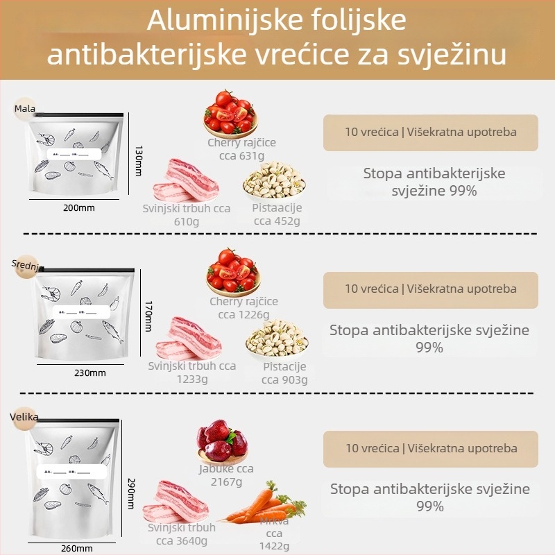 Vrećice od aluminijske folije za čuvanje hrane u kućnom hladnjaku, sa zatvaračem na zip, prehrambene kvalitete