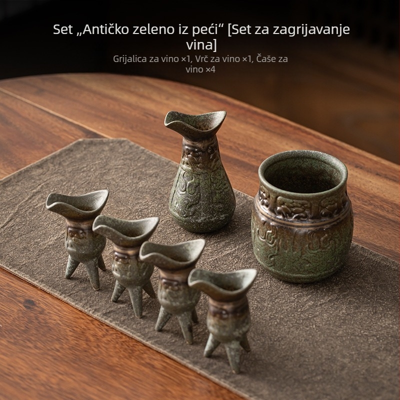 Set za čaj i vino od grube keramike s zelenom glazurom, kineskog stila, uključuje čaše za čaj i posudu za vino