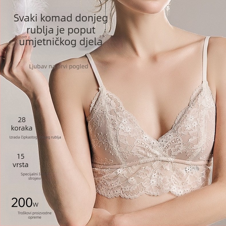 Tanki čipkasti grudnjak s trokutastim košaricama, bez žice, tanak kroj, lijep stražnji dio, nježno oblikovanje za male grudi