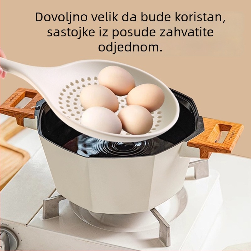 Velika silikon kuhača s prorezima za ocjeđivanje tjestenine i knedli, prehrambene kvalitete, otpornost na visoke temperature, duga drška