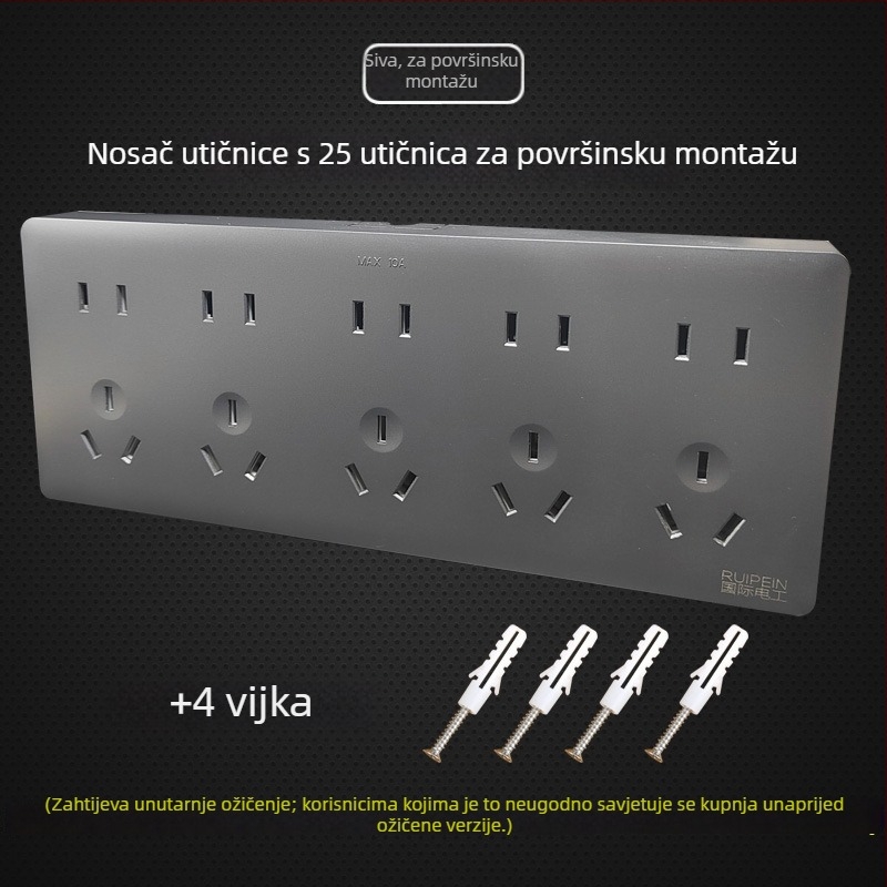 Bijeli zidno montirani panel utičnica s 25 otvora, integrirani blok utičnica za zidnu ugradnju