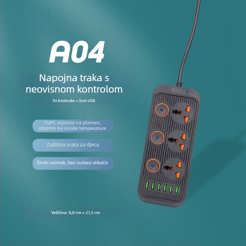 Produžni kabel s USB priključkom, višenamjenska utičnica sa prekidačem, za kućnu upotrebu