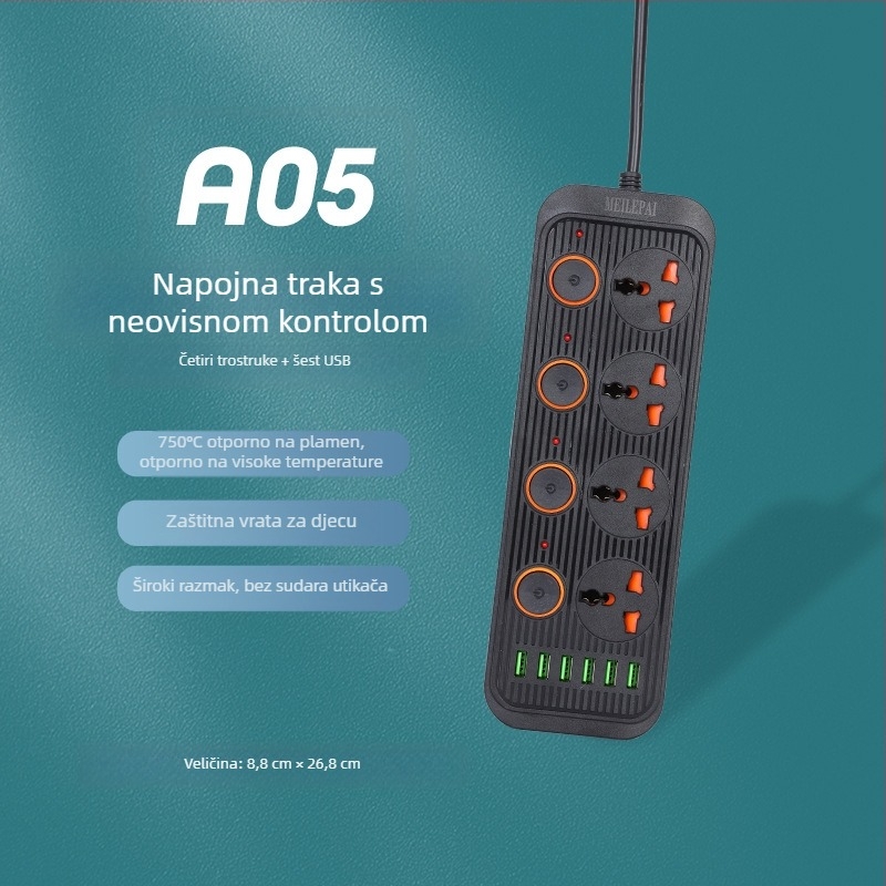 Produžni kabel s USB priključkom, višenamjenska utičnica sa prekidačem, za kućnu upotrebu