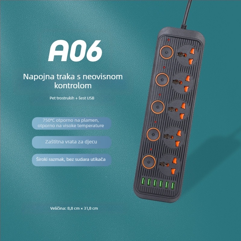 Produžni kabel s USB priključkom, višenamjenska utičnica sa prekidačem, za kućnu upotrebu