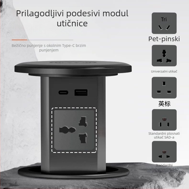 Pneumatsko-hidraulična dizanje pametna utičnica, ugrađena u kuhinjski otok i uredski namještaj, skriveno bežično punjenje i integrirani produžni blok